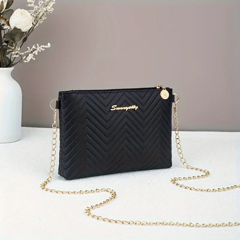Chic Striped Women's Clutch with Chain Strap - Versatile Crossbody Bag, Faux Leather, Zip Closure