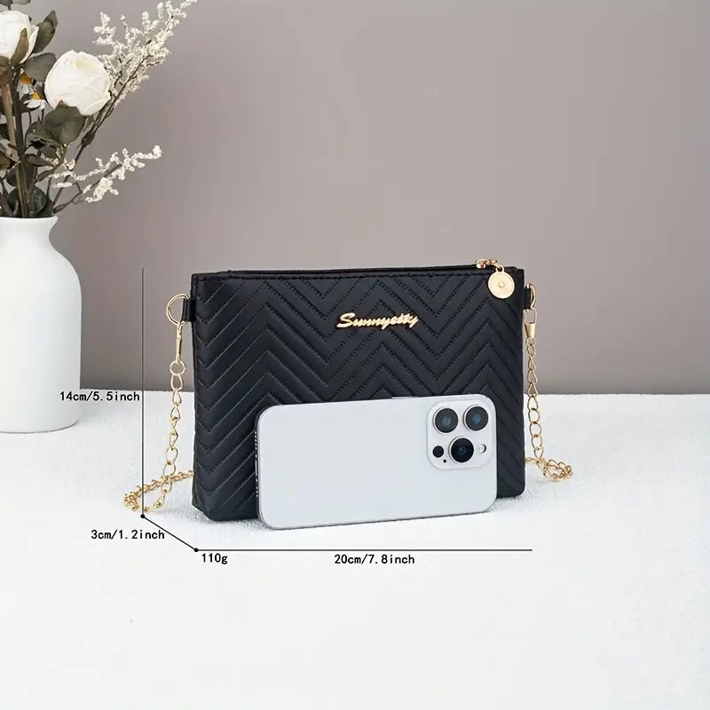 Chic Striped Women's Clutch with Chain Strap - Versatile Crossbody Bag, Faux Leather, Zip Closure