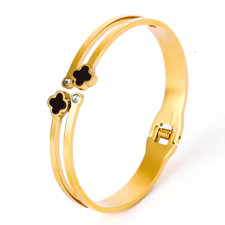 2 Clover Bangle - Golden Stainless Steel Elegant Bracelet