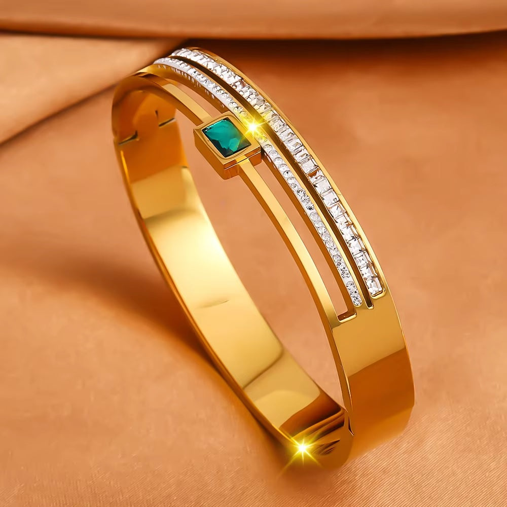 Elegant Green & White Zircon Geometric Bangle | Double Row Diamond Cuff Bracelet | Stainless Stee Jewelry – Mazia Fashion