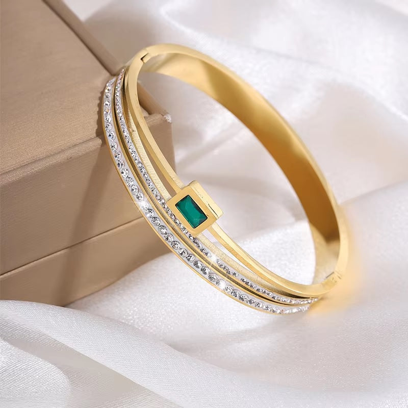 Elegant Green & White Zircon Geometric Bangle | Double Row Diamond Cuff Bracelet | Stainless Stee Jewelry – Mazia Fashion