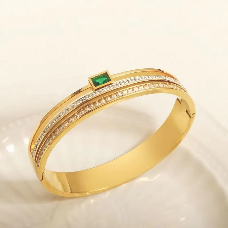 Elegant Green & White Zircon Geometric Bangle | Double Row Diamond Cuff Bracelet | Stainless Stee Jewelry – Mazia Fashion
