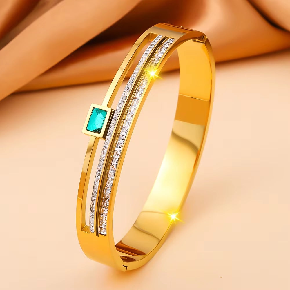 Elegant Green & White Zircon Geometric Bangle | Double Row Diamond Cuff Bracelet | Stainless Stee Jewelry – Mazia Fashion