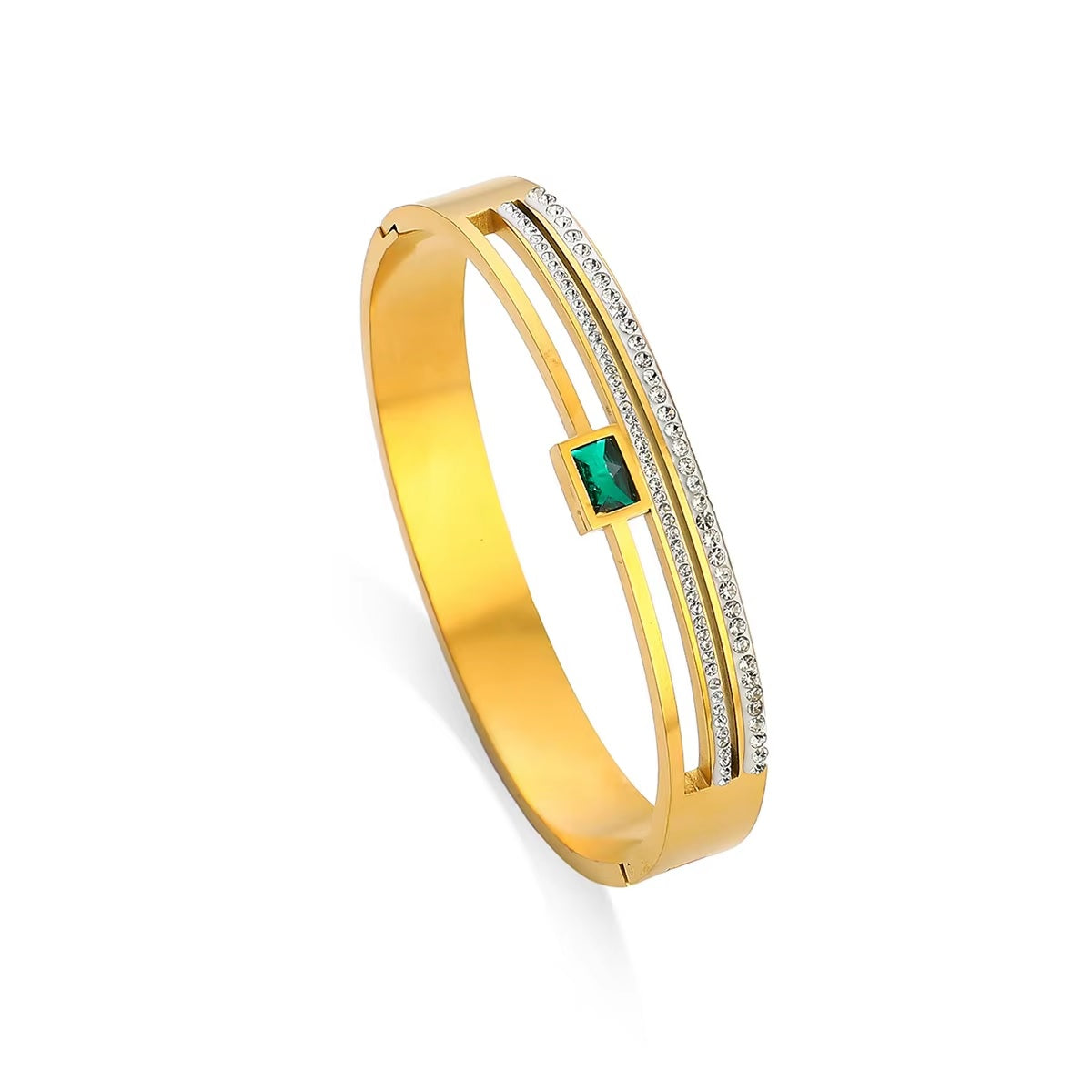 Elegant Green & White Zircon Geometric Bangle | Double Row Diamond Cuff Bracelet | Stainless Stee Jewelry – Mazia Fashion