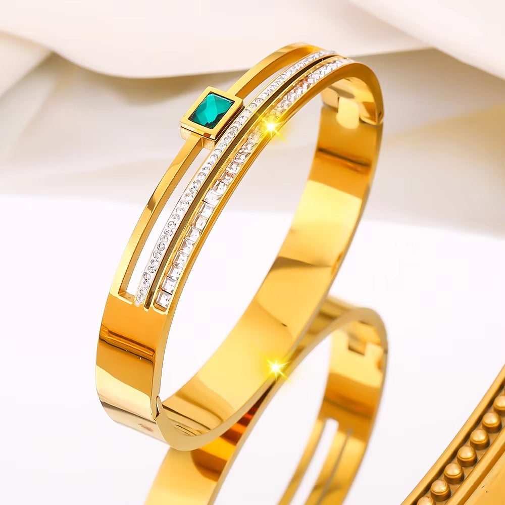 Elegant Green & White Zircon Geometric Bangle | Double Row Diamond Cuff Bracelet | Stainless Stee Jewelry – Mazia Fashion