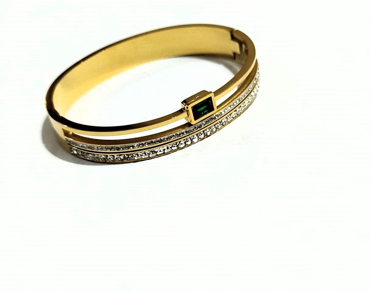 Elegant Green & White Zircon Geometric Bangle | Double Row Diamond Cuff Bracelet | Stainless Stee Jewelry – Mazia Fashion
