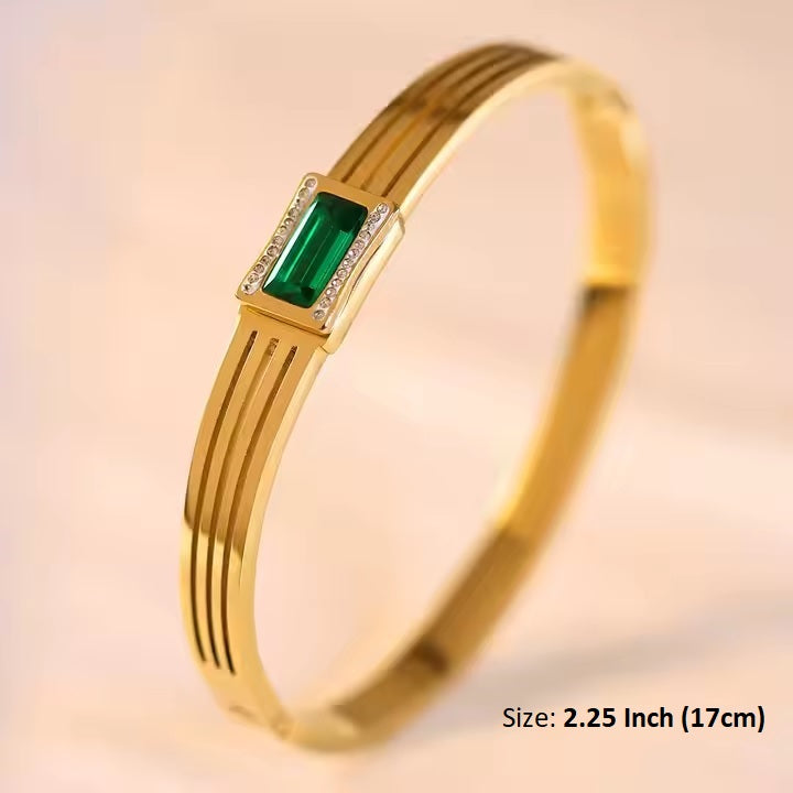Golden Rhinestone & Green Zircon Gem Bangle – Stainless Steel Diamond-Cut Luxury Bracelet | Mazia Fashion