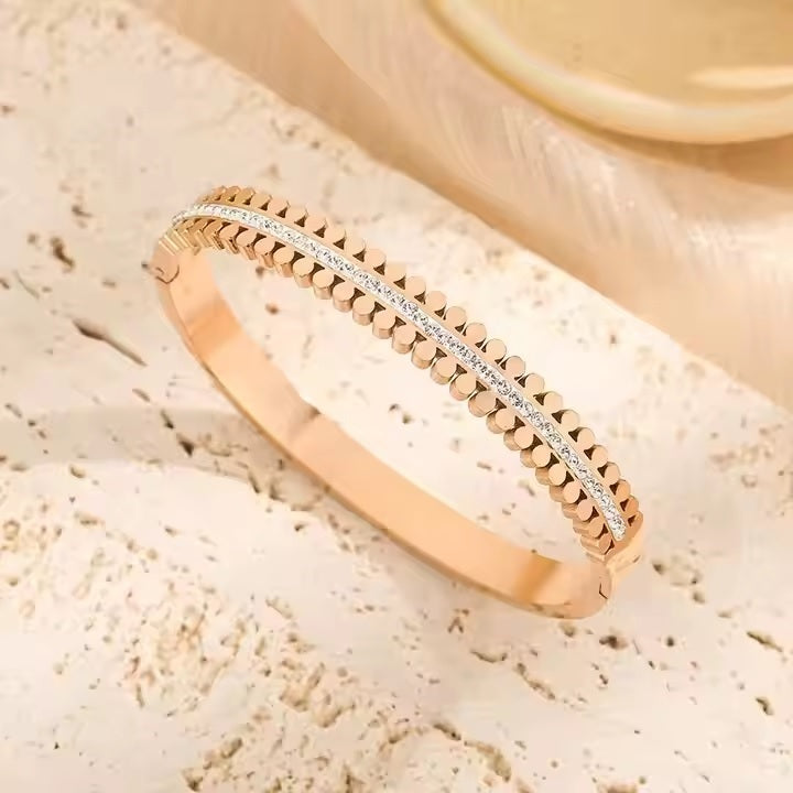 Luxury Zipper-Style Zircon Cuff Bangle – Gold Plated Stainless Steel Bracelet | Mazia Fashion