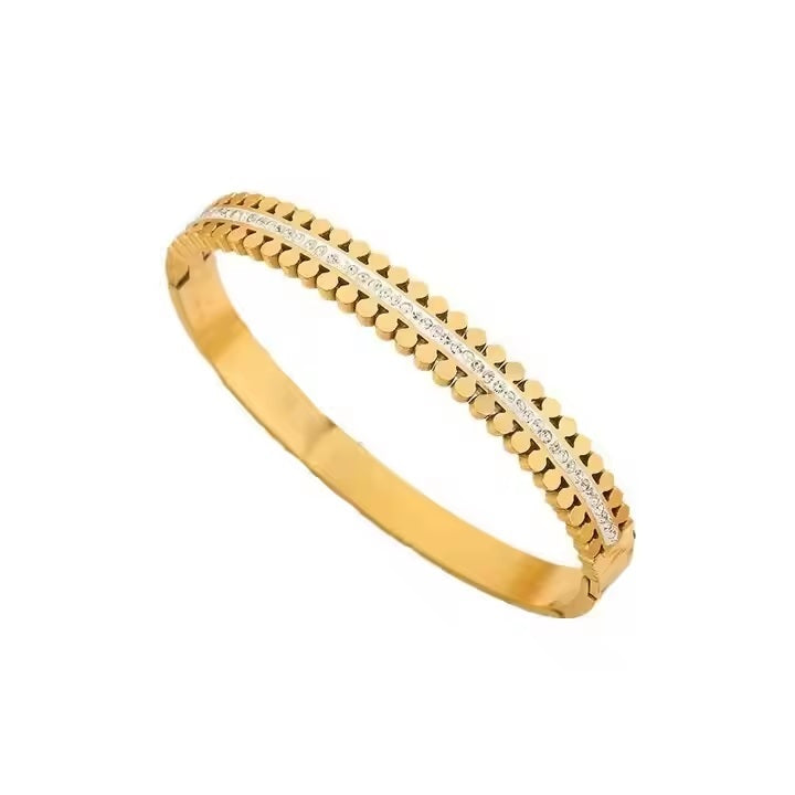 Luxury Zipper-Style Zircon Cuff Bangle – Gold Plated Stainless Steel Bracelet | Mazia Fashion