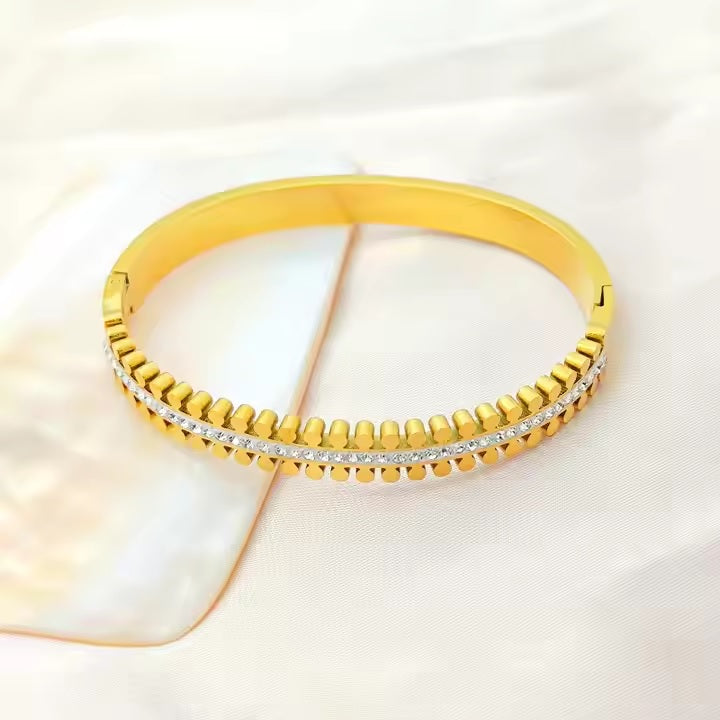 Luxury Zipper-Style Zircon Cuff Bangle – Gold Plated Stainless Steel Bracelet | Mazia Fashion