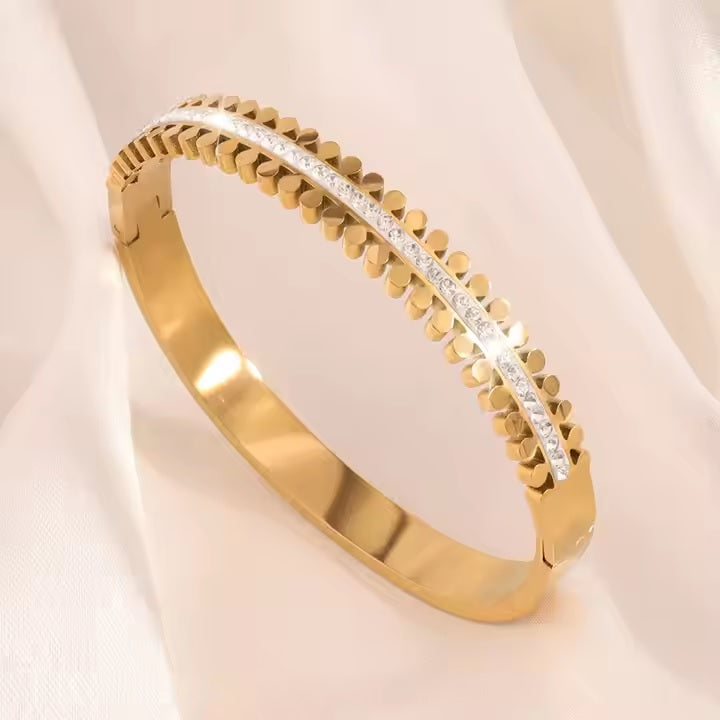 Luxury Zipper-Style Zircon Cuff Bangle – Gold Plated Stainless Steel Bracelet | Mazia Fashion