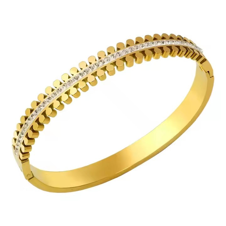 Luxury Zipper-Style Zircon Cuff Bangle – Gold Plated Stainless Steel Bracelet | Mazia Fashion