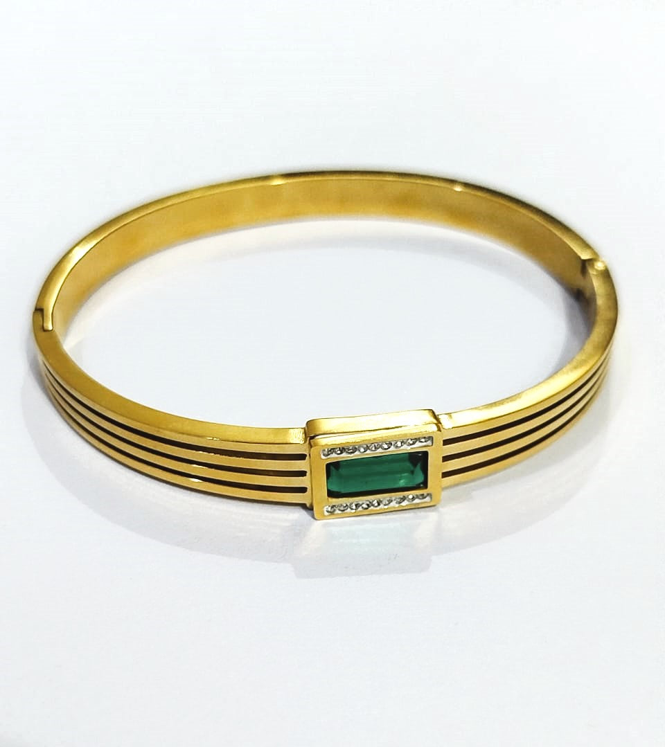 Golden Rhinestone & Green Zircon Gem Bangle – Stainless Steel Diamond-Cut Luxury Bracelet | Mazia Fashion