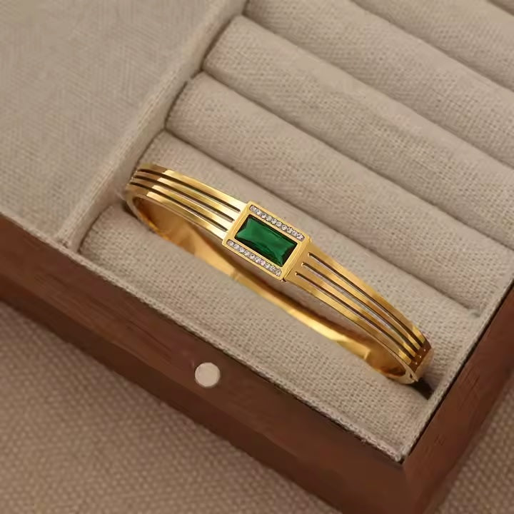 Golden Rhinestone & Green Zircon Gem Bangle – Stainless Steel Diamond-Cut Luxury Bracelet | Mazia Fashion