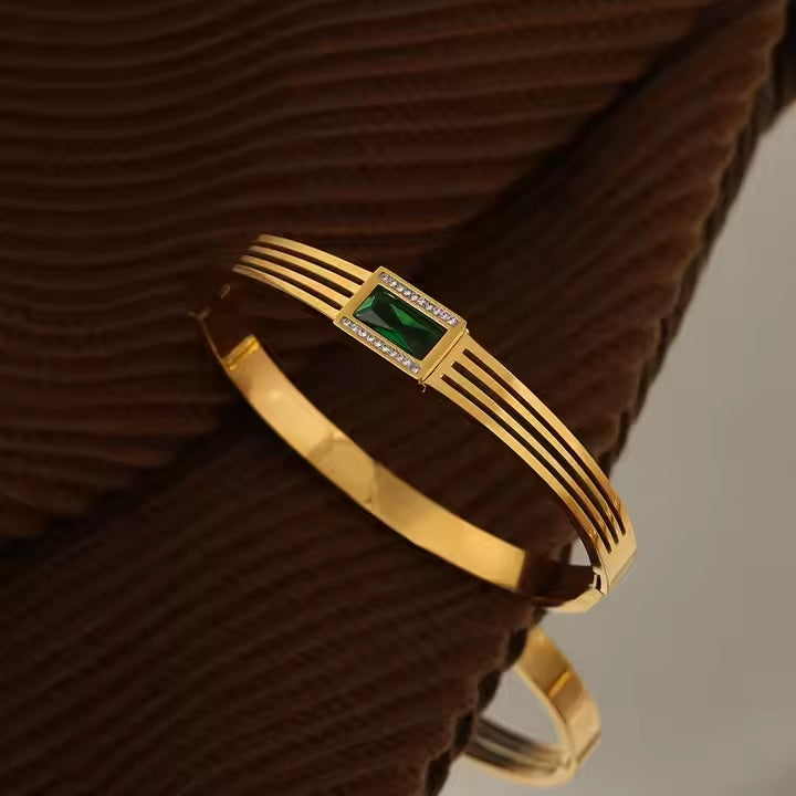 Golden Rhinestone & Green Zircon Gem Bangle – Stainless Steel Diamond-Cut Luxury Bracelet | Mazia Fashion