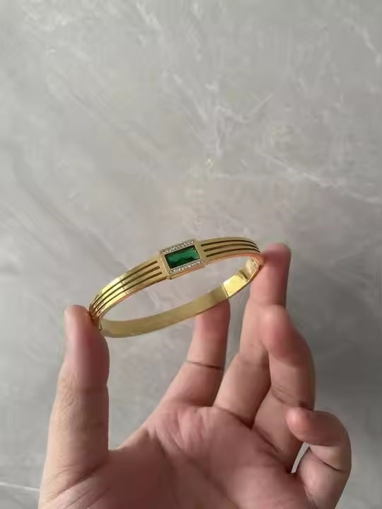 Golden Rhinestone & Green Zircon Gem Bangle – Stainless Steel Diamond-Cut Luxury Bracelet | Mazia Fashion