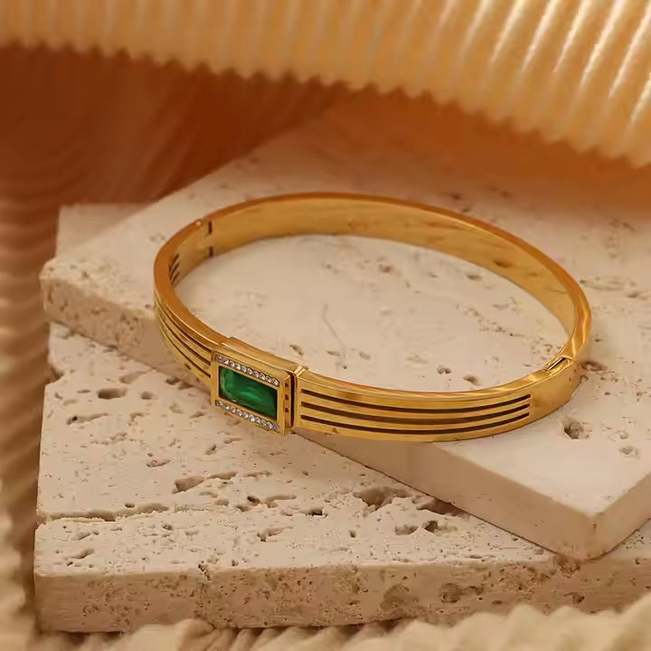 Golden Rhinestone & Green Zircon Gem Bangle – Stainless Steel Diamond-Cut Luxury Bracelet | Mazia Fashion