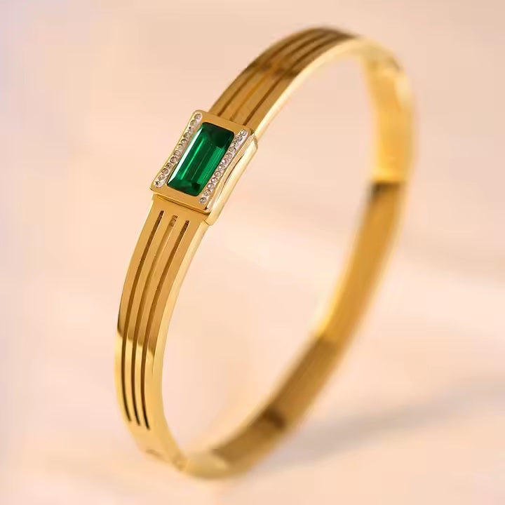 Golden Rhinestone & Green Zircon Gem Bangle – Stainless Steel Diamond-Cut Luxury Bracelet | Mazia Fashion