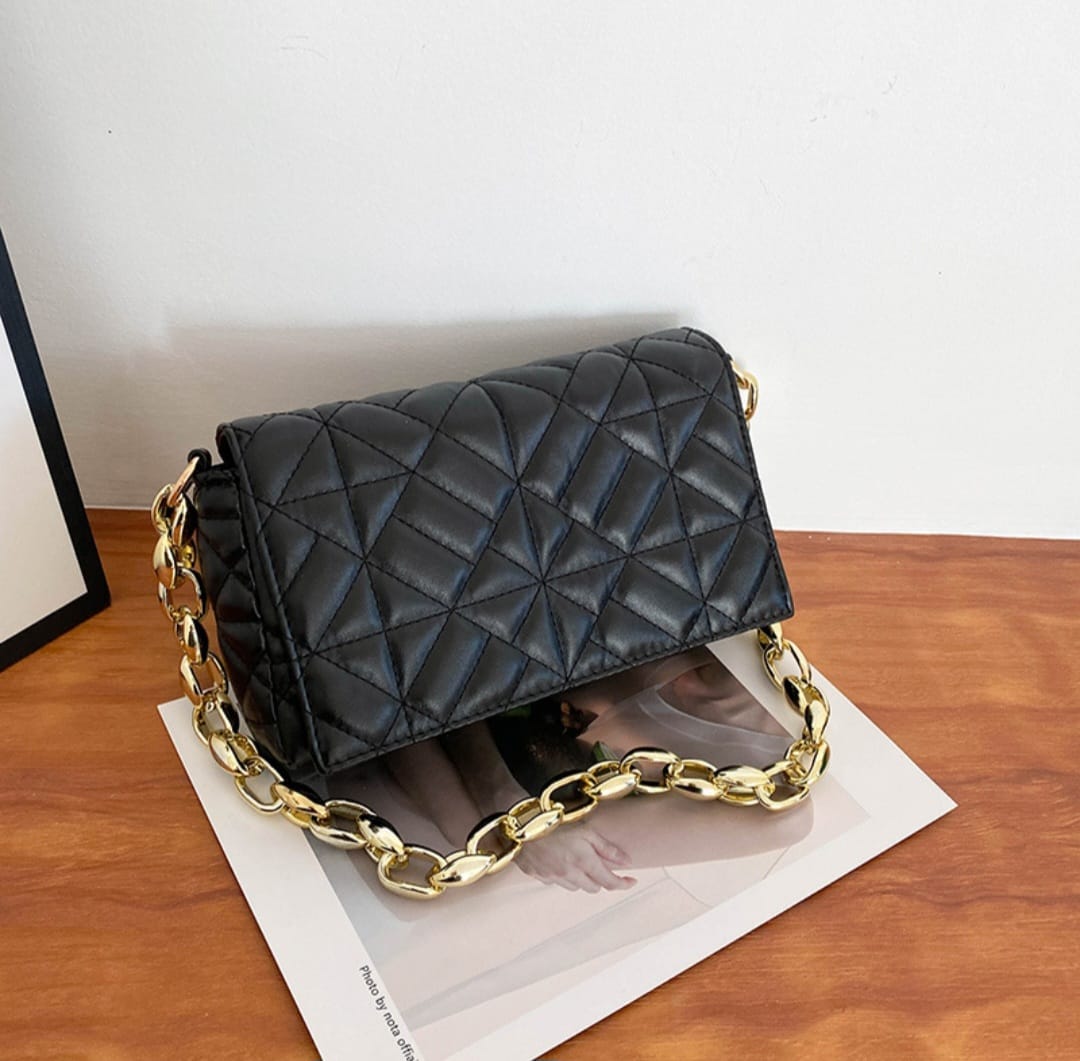 Small Black Leather Women’s Bag with Golden Chain, Zip & Button Closure – | Mazia Fashion