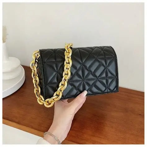 Small Black Leather Women’s Bag with Golden Chain, Zip & Button Closure – | Mazia Fashion