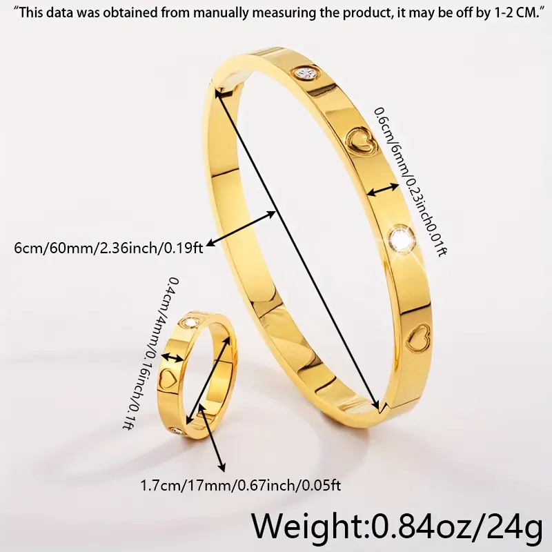 2pcs Stainless Steel Love Heart Ring & Bangle Set Decorative Gift (Ring+Bangle)