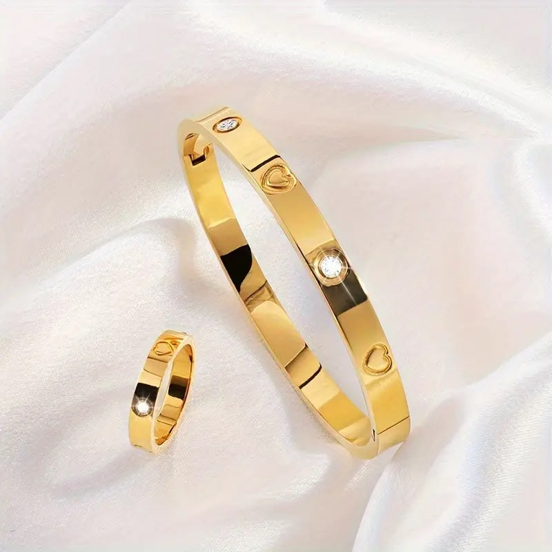 2pcs Stainless Steel Love Heart Ring & Bangle Set Decorative Gift (Ring+Bangle)