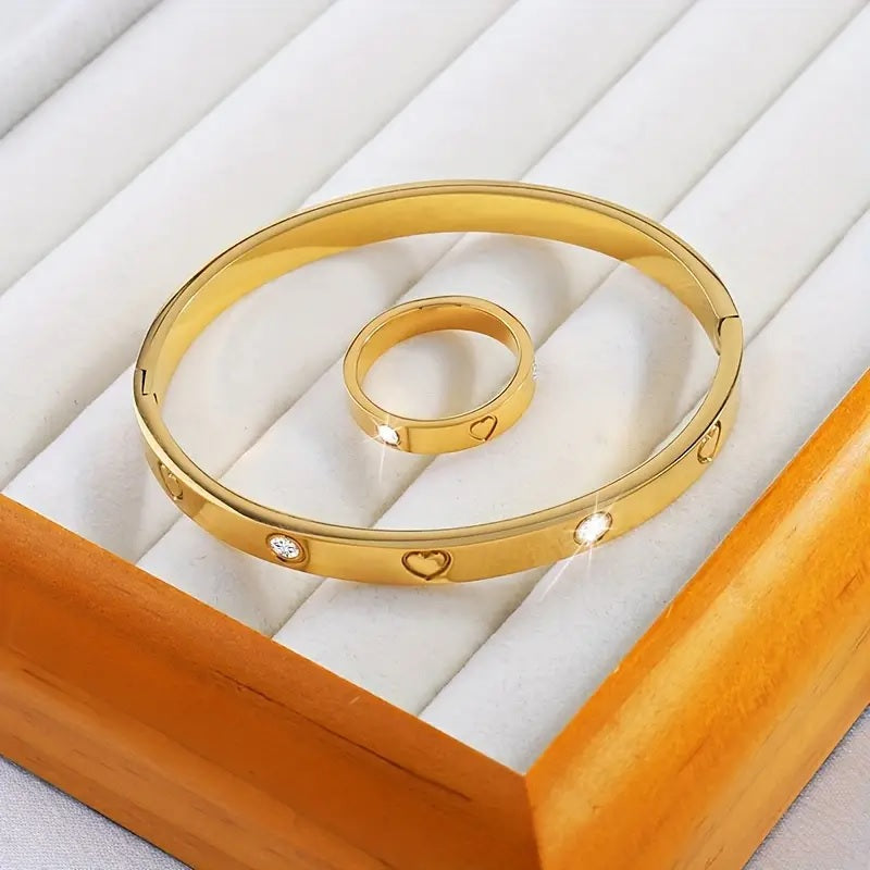 2pcs Stainless Steel Love Heart Ring & Bangle Set Decorative Gift (Ring+Bangle)