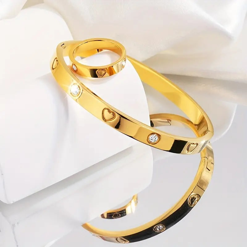 2pcs Stainless Steel Love Heart Ring & Bangle Set Decorative Gift (Ring+Bangle)