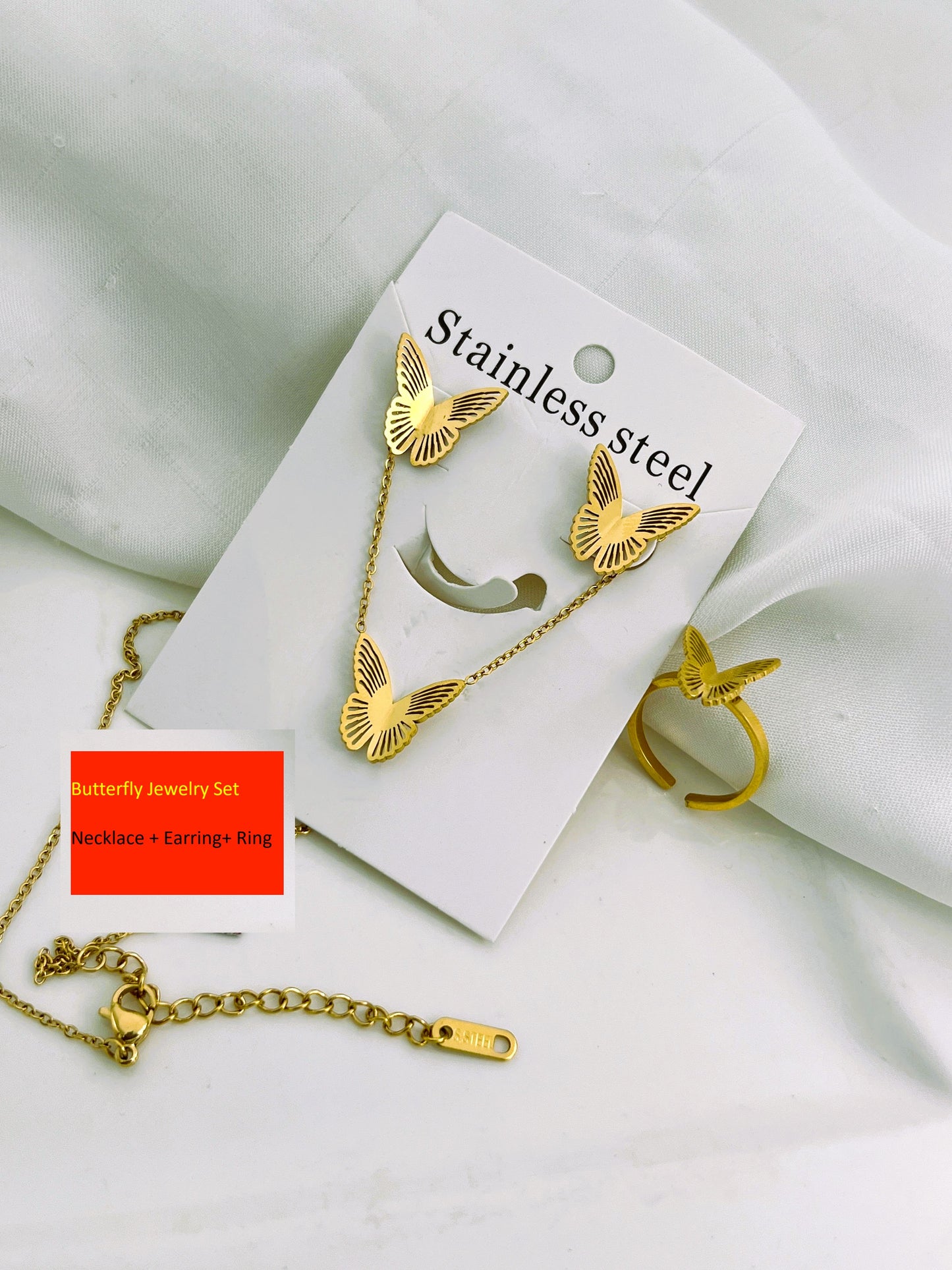 Elegant Butterfly Jewelry Set: Necklace, Ring, and Earrings in Golden Stainless Steel – Trendy Luxury Gift for Women