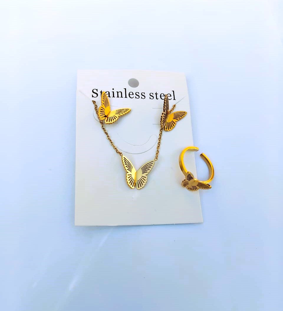 Elegant Butterfly Jewelry Set: Necklace, Ring, and Earrings in Golden Stainless Steel – Trendy Luxury Gift for Women