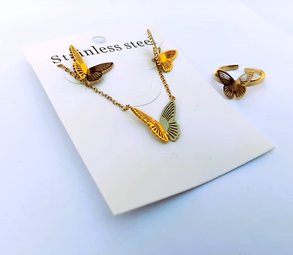 Elegant Butterfly Jewelry Set: Necklace, Ring, and Earrings in Golden Stainless Steel – Trendy Luxury Gift for Women
