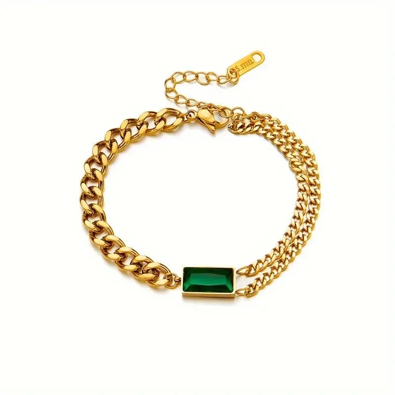 Double Chain Diamond Square Bracelet – Elegant Stainless Steel Link Chain for Every Occasion | Mazia Fashion