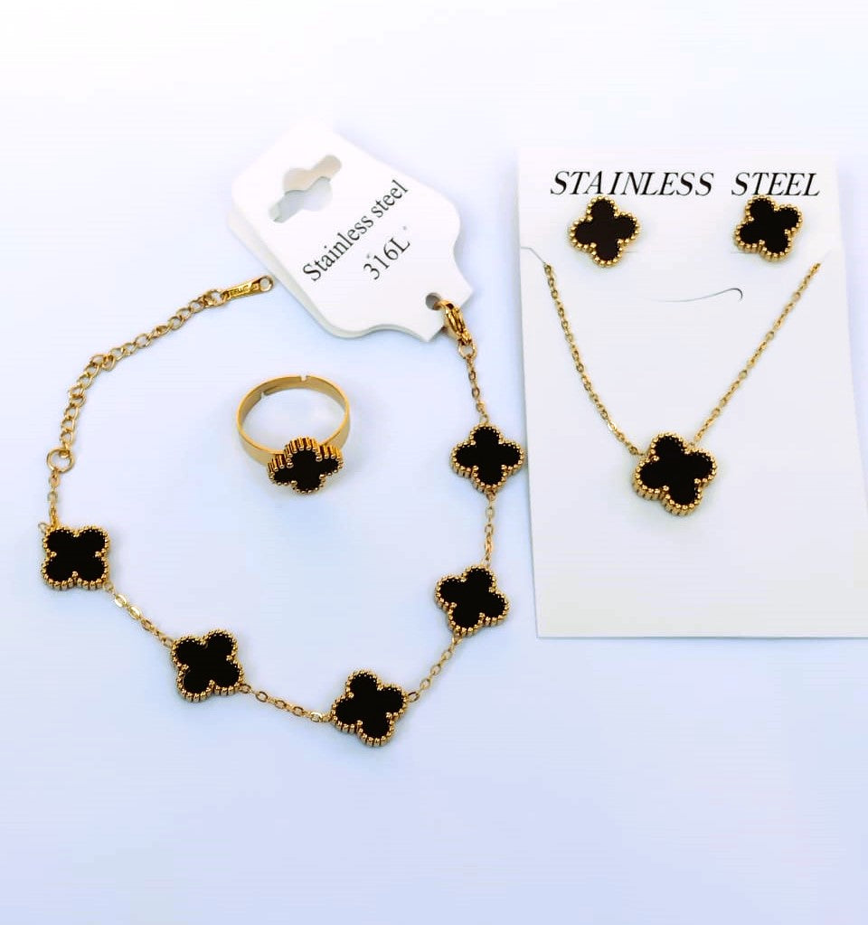 Fashion Clover Leaf Jewelry Set – Stainless Steel Double-Sided Bracelet, Ring, Earrings, Necklace – Four Leaf Clover Design