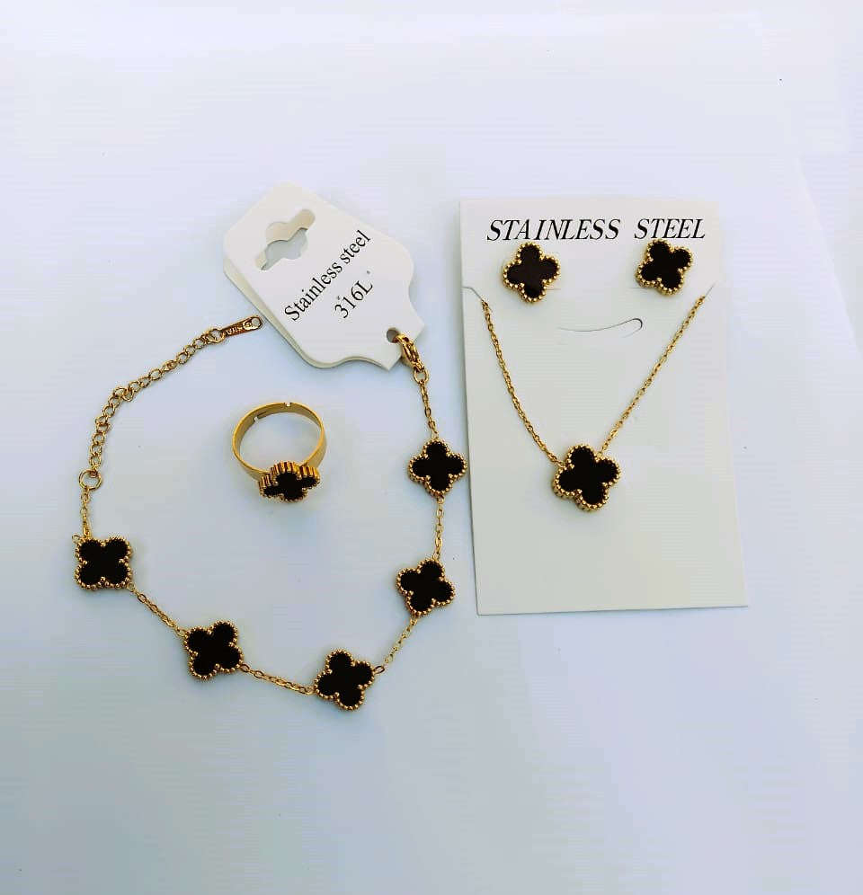 Fashion Clover Leaf Jewelry Set – Stainless Steel Double-Sided Bracelet, Ring, Earrings, Necklace – Four Leaf Clover Design