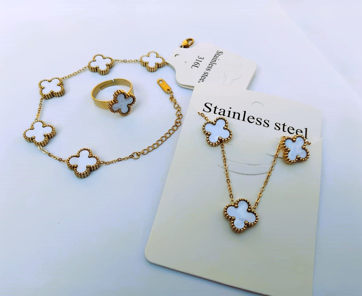 Fashion Clover Leaf Jewelry Set – Stainless Steel Double-Sided Bracelet, Ring, Earrings, Necklace – Four Leaf Clover Design