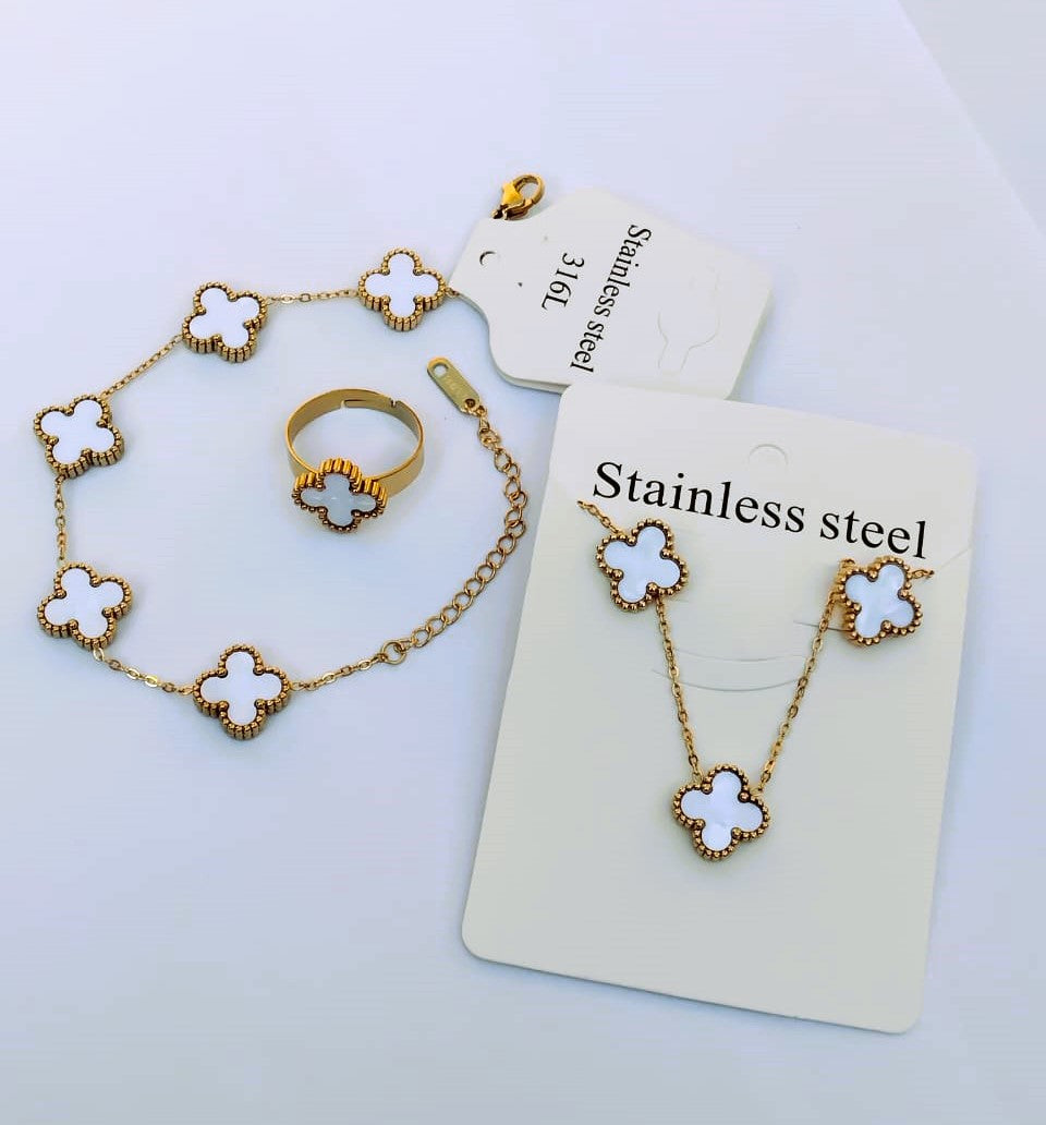 Fashion Clover Leaf Jewelry Set – Stainless Steel Double-Sided Bracelet, Ring, Earrings, Necklace – Four Leaf Clover Design