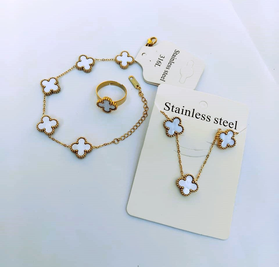 Fashion Clover Leaf Jewelry Set – Stainless Steel Double-Sided Bracelet, Ring, Earrings, Necklace – Four Leaf Clover Design