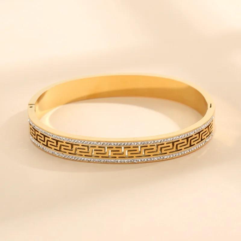 Mazia Golden Cuff Bangle – Stainless Steel Luxury for Girls | Skeleton Design with Rhinestones