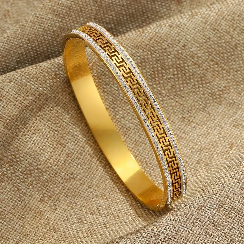 Mazia Golden Cuff Bangle – Stainless Steel Luxury for Girls | Skeleton Design with Rhinestones