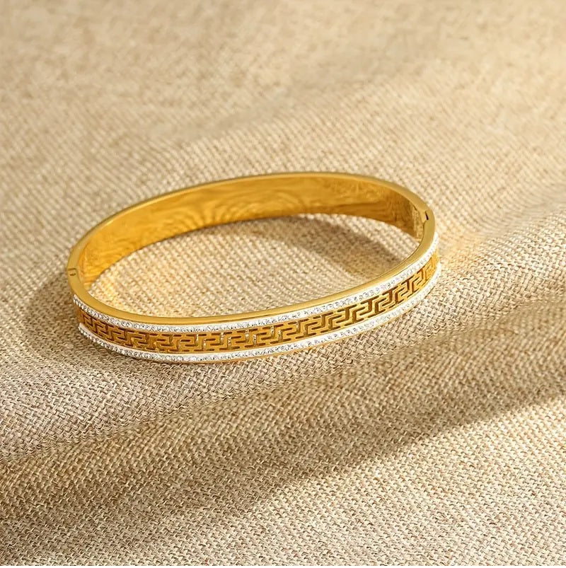Mazia Golden Cuff Bangle – Stainless Steel Luxury for Girls | Skeleton Design with Rhinestones