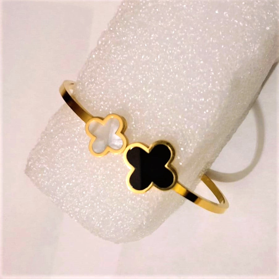 White & Black Clover Stainless Steel Open Cuff Bracelet - Fashionable Jewelry for Women & Girls