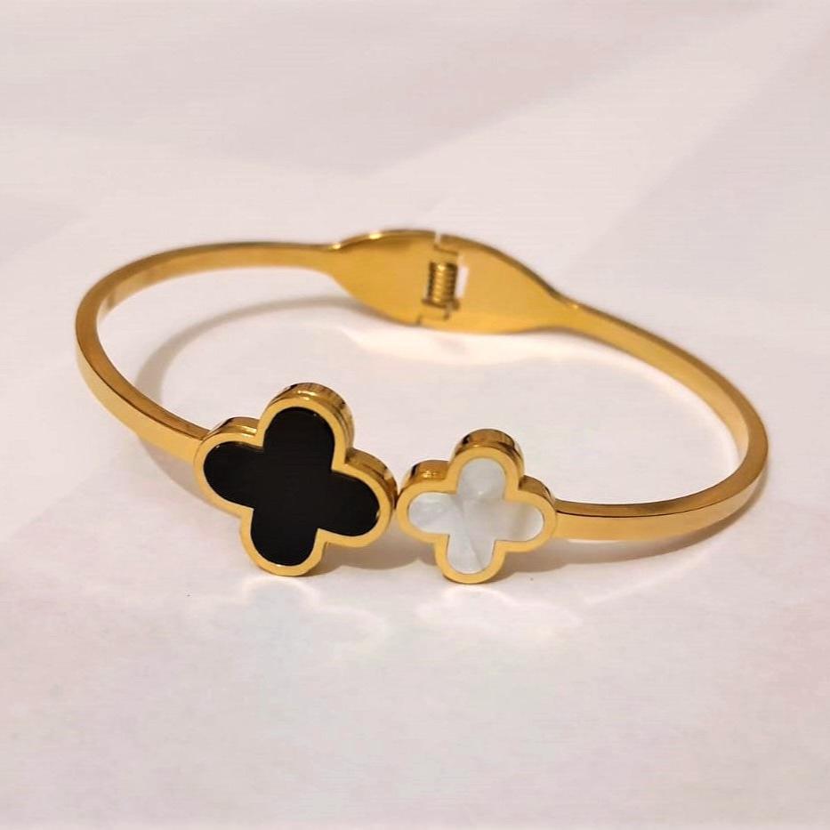 White & Black Clover Stainless Steel Open Cuff Bracelet - Fashionable Jewelry for Women & Girls