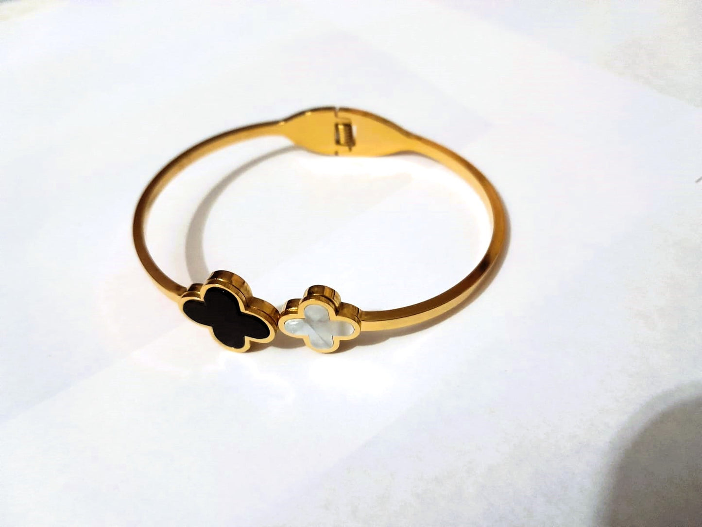 White & Black Clover Stainless Steel Open Cuff Bracelet - Fashionable Jewelry for Women & Girls