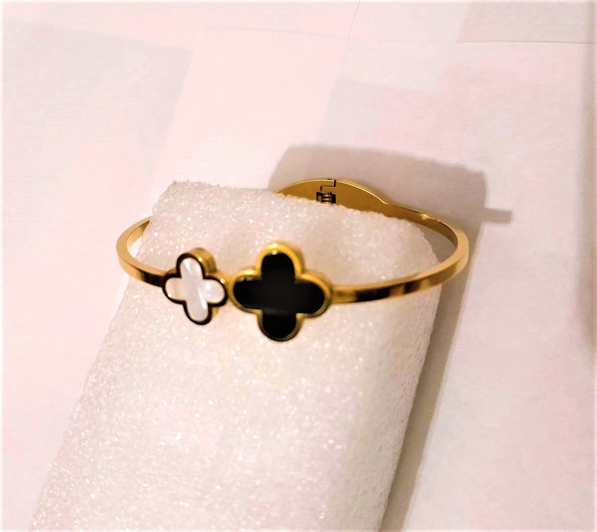 White & Black Clover Stainless Steel Open Cuff Bracelet - Fashionable Jewelry for Women & Girls