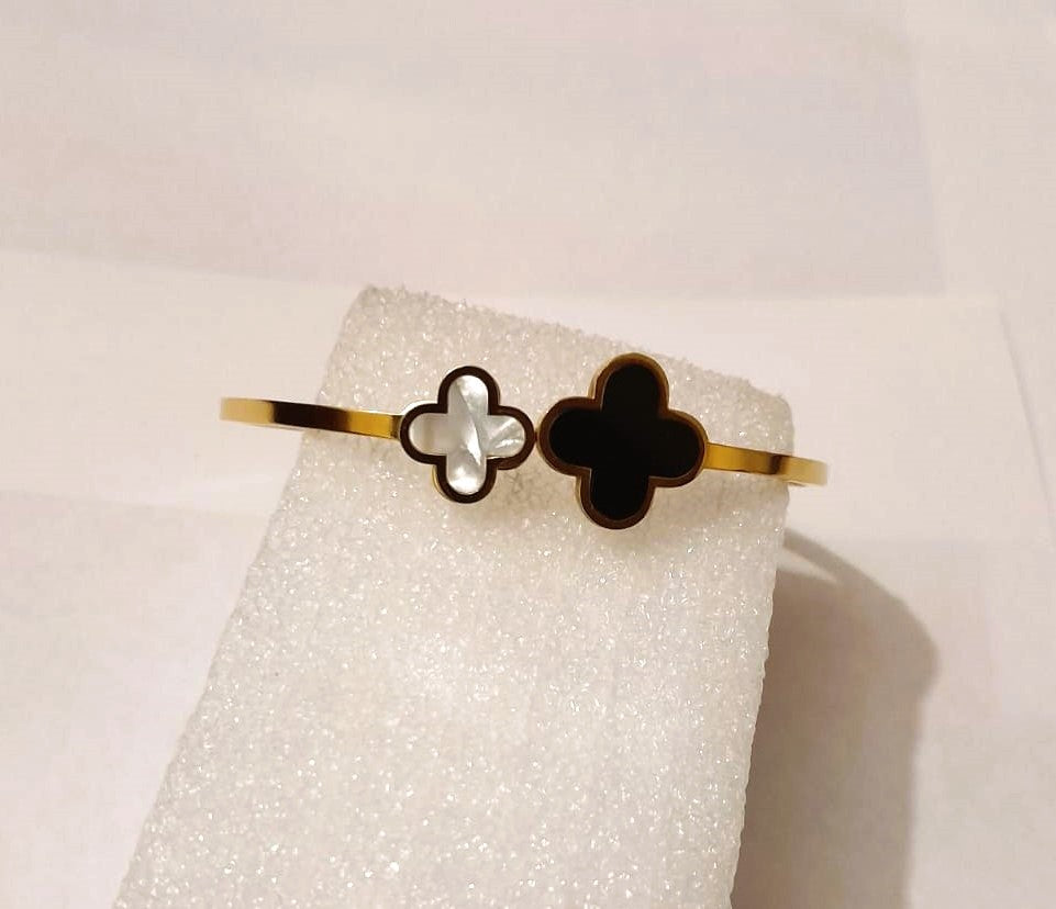White & Black Clover Stainless Steel Open Cuff Bracelet - Fashionable Jewelry for Women & Girls