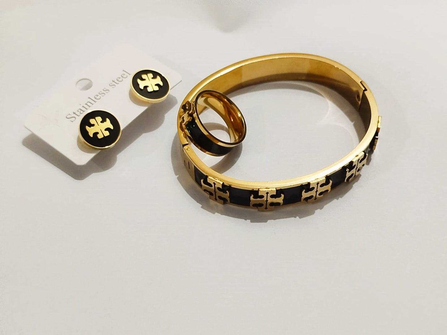 Elegant Stainless Steel Bangle with Matching Earrings & Ring 3pc Set - Mazia Fashion