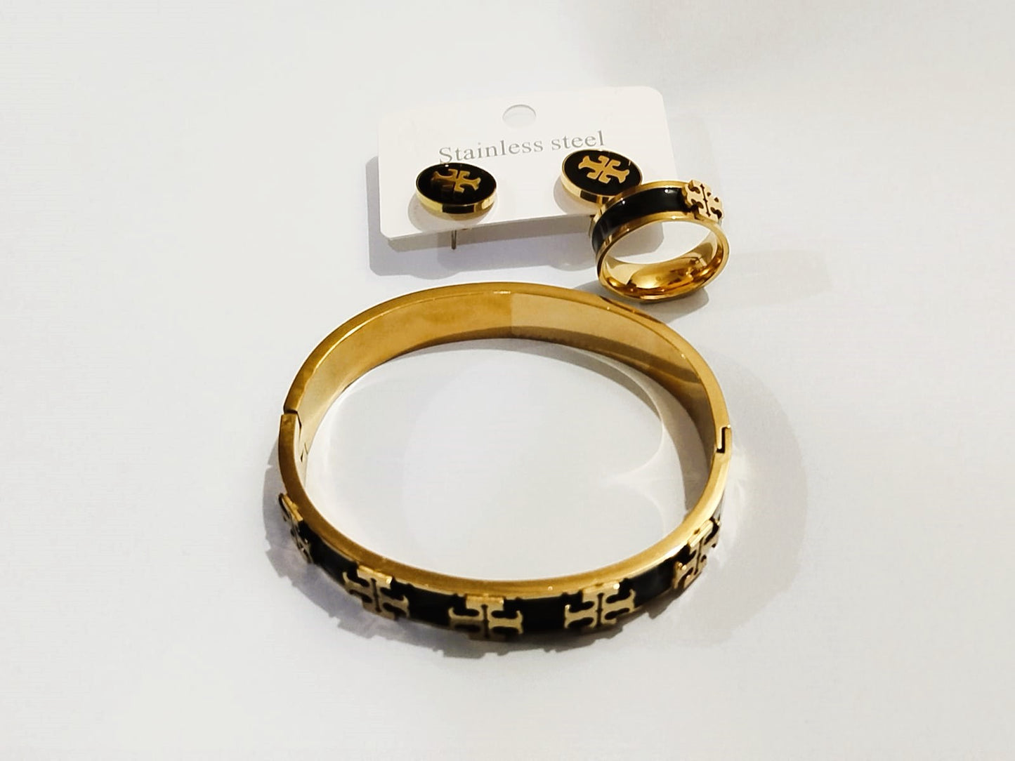 Elegant Stainless Steel Bangle with Matching Earrings & Ring 3pc Set - Mazia Fashion