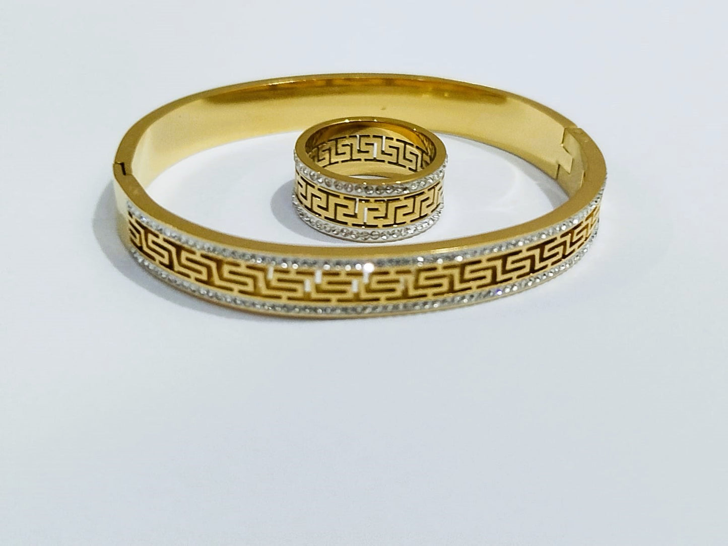 Great Wall Pattern Wide Bracelet with Ring – Stainless Steel Jewelry for Girls | Mazia Fashion