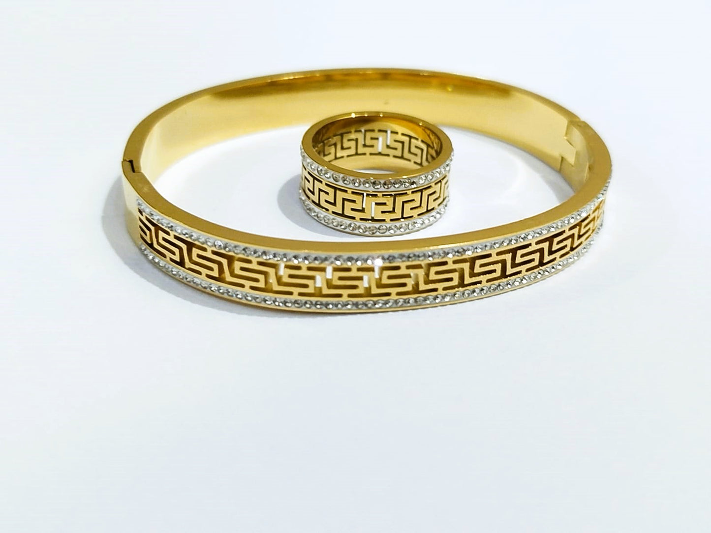 Great Wall Pattern Wide Bracelet with Ring – Stainless Steel Jewelry for Girls | Mazia Fashion