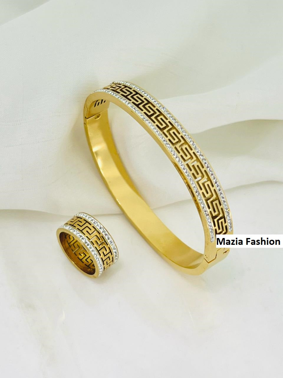 Great Wall Pattern Wide Bracelet with Ring – Stainless Steel Jewelry for Girls | Mazia Fashion